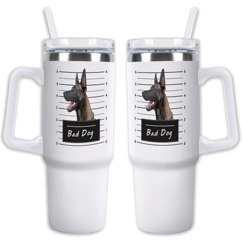 GABSHAIM Custom White Tumbler Dog Travel Mug with Handle & Straw Lid Double-layer Insulation Double Sided Printed Travel Coffee Cup Belgian Malinois Pattern Design 40 oz