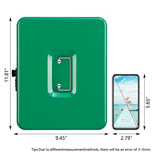 Image of KYODOLED Metal Cash Box with Combination Lock Money Box for Cash Safe Metal Box with Money Tray for Security Lock Box 11.81 inchx 9.45 inchx 3.54 inch Green X Large