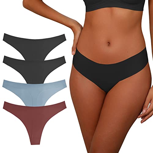 Girlpal Mujer Tanga de sin Costuras Sexy Ropa Interior Thong Seda de Hielo Bragas Cómodos Suaves y Elásticos String Bikini Negro*2+Azul+Rojo M Cover