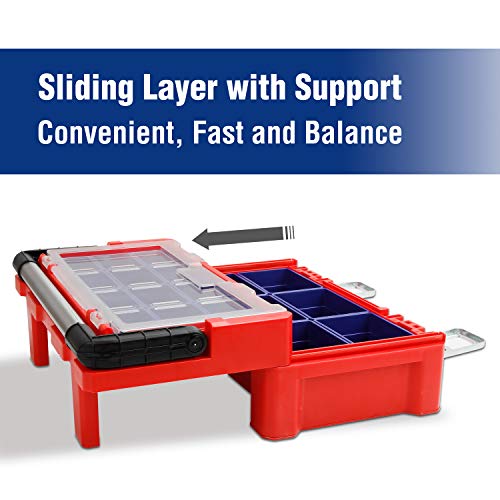 Workpro 17-Inch Plastic Tool Box, Red Storage Box With Locking Lid And Stainless Steel Handle, 18 Adjustable Compartments For Sockets, Crafts And Power Tools #TOP3