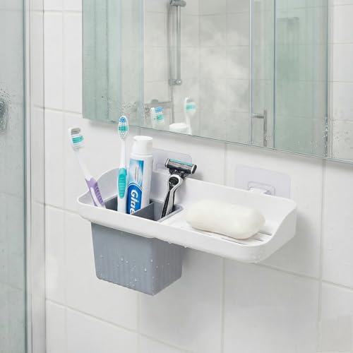 Image of HAPPI Soap Stand for Bathroom - Self-Adhesive Wall-Mounted Soap Case with Glass Tumbler, Tooth Brush Holder & Bottle Space Shelf Tray, Soap Dish Holder for Bathroom Organizer (White /Grey)