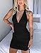 HOCILLE Women's Sexy Halter Bodycon V Neck Backless Ruched Drawstring Mini Club Party Dresses, Small, Black