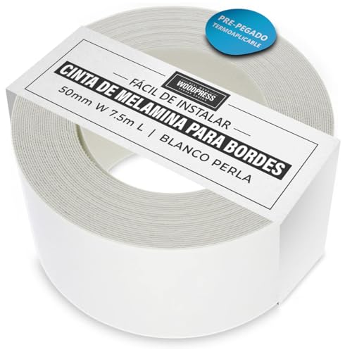 WoodPress® Cinta de melamina blanca perlada de 50 mm, cinta de chapa prepegada, rollo de 7,5 m, planchar para una fácil aplicación de bricolaje, cubrirá el borde de un panel de MDF estándar