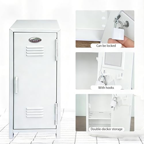 Image of Mini Locker with Lock Key Stickers Box Metal Small Locker Mini Locker Miniature Storage Girls Lockbox Desktop Storage Organizer for Cash Money Jewelry Safe Dollhouse Furniture Accessories (White)