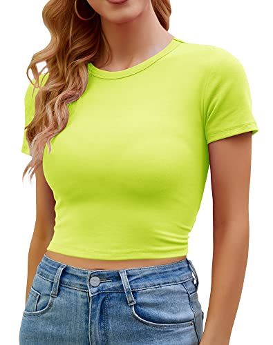 Artfish Womens Basic Teen Tee Workout Crewneck Short Sleeve Slim Fitted Casual Crop Top (Lime Neon Green XS)