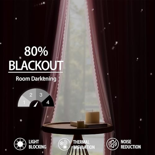 Image of XiDi Light Pink Blackout Curtains for Girls Bedroom Living Room 63 Inches Long 2 Panels Hollow Star Nursery Kids Thermal Insulated Room Darkening Drapes Grommet Noise Reducing Window Curtains 52x63