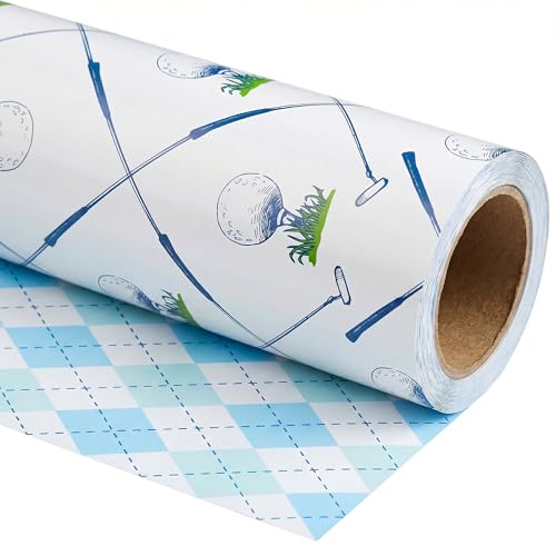 WAPLIGHAL Reversible Golf Wrapping Paper Roll - Blue Plaid Gift Wrap for Men Dad Fathers Day Birthday -17.5 x 25 Feet