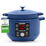 Nutrichef 6 Quart Electric Dutch Oven | 1500W 5-in-1 Enamel Coated Cast Iron Pot with Stainless Steel Lid | Precise Temperature Control | Includes 2 Silicone Pot Holders & Heat Resistant Pad | Blue