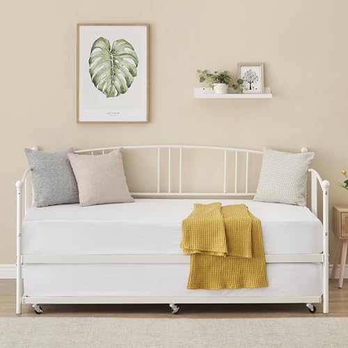 GarveeHome Daybed with Trundle, Sturdy Metal Day Bed with Steel Slat Support, Trundle Bed Twin with Arched Headboard, SofaBed for Living Room, Bedroom and Guest Room, White