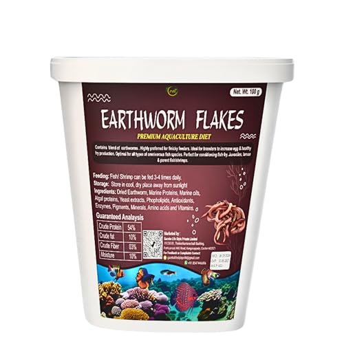 Image of MAF Fish Food Earth Worm Flakes 100 Gram for All Marine and Freshwater Fishes.54% Protein Rich Fish Feed Treats with Essential Amino acids and Vitamins for All Life Stage,All Life Stages