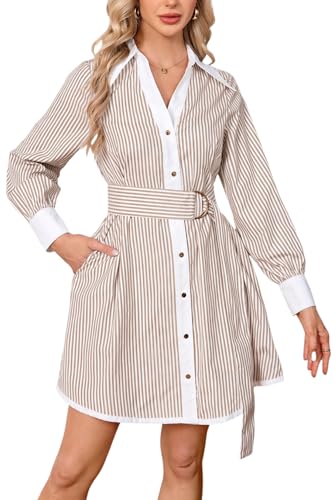 Image of YEXPINE Womens Striped Shirt Dress Long Sleeve Button Down V Neck Mini Tunic Dress Belted Workwear Dresses with Pockets
