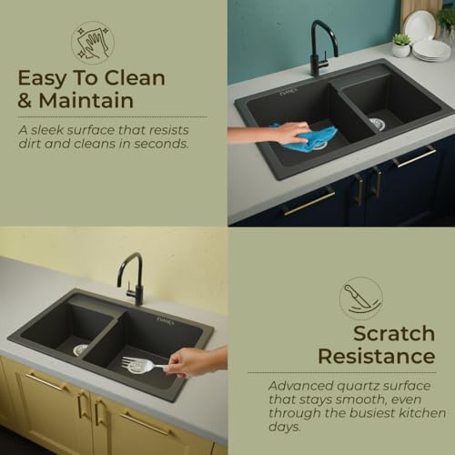 Image of EVANEX Quartz Kitchen Sink | 31x18x9 Inch Double Bowl Sink for Kitchen | Granite Topmount /Undermount Kitchen Sinks | Grey Double Sink with Connector, Waste Pipe, Coupling and Drain Basket