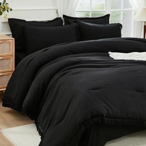 Image of Andency Oversized King Comforter Set with Sheets 120x120 Black - 7 Pieces Boho Tassel Bed in a Bag Soft Lightweight Bedding Sets, Fringe Bed Set with Comforter, Sheets, Pillowcases & Shams