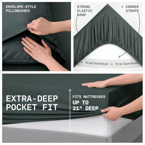 Image of TRUE BAMBOO Sheets Set Queen Size - 21 inch Extra Deep Pocket - Dark Grey