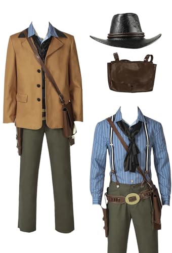 Arthur Morgan Halloween Costume Jacket Shirt Pant Belt Holster Bag Uniform Men Arthur Morgan Cosplay Cowboy Hat (Brown + Hat, Medium)