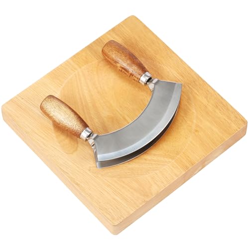 Bigjvbfv Mezzaluna Knife with Square Cutting Board - Mincing Rocker Chopping Curved Blade Wooden Handle Knife