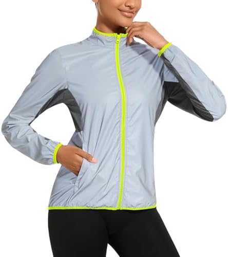 bpbtti Running Jacket for Women 360 Reflective Windbreaker Lightweight Jacket Full Zip Tops (Grey/Neon yellow,Medium)