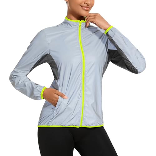 bpbtti Women's Cycling Running Jackets 360 Reflective Windbreakers Lightweight Full Zip Breathable Tops (Grey/Neon yellow,Medium)