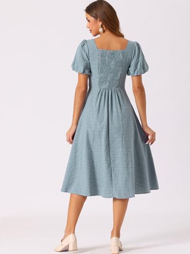 Image of Allegra K Plaid Dress for Women Summer Smocked Back Round Neck Puff Short Sleeve Flowy Midi Dresses