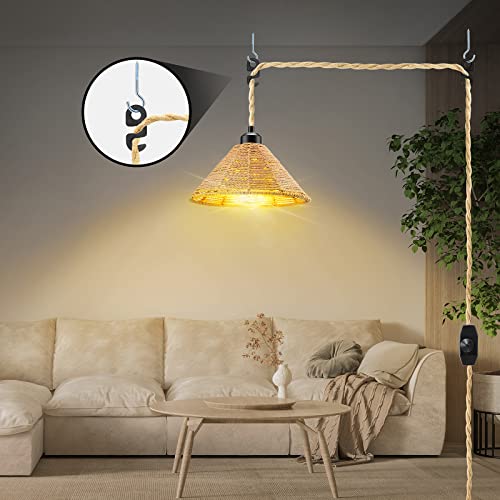 Kewanno Plug In Pendant Light, Boho Hanging Light Fixture With Dimmable Bulb And Switch, 15Ft Hemp Rope Hand Woven Farmhouse Pendant Hanging Light With Plug In Cord For Living Room Bedroom #TOP1