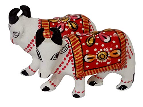 Purpledip Enamelled Metal Miniature Sideways Cow Pair: Colorful Meenakari Art, Set of 2 Figurines (12291)