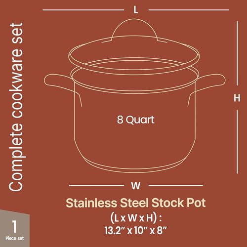Stainless Steel Stockpot with Tempered Glass Lid 8 Quart, Durable 18/0 Stainless Steel, Impact-Bonded Base for Even Heating, Riveted Handles, Oven & All Stove Compatible, Safe Up To 500°F (260°C)