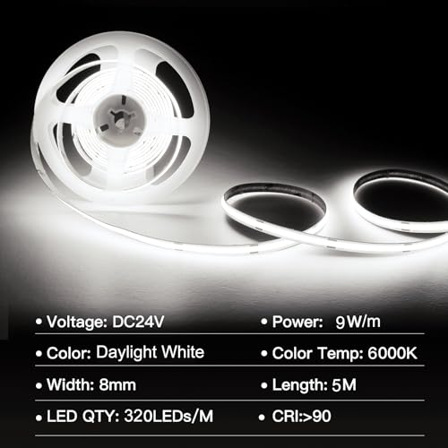 Image of COB LED Strip Lights,6000K Daylight White LED Strips,DC24V 5M /16.4ft,Flexible High Density Uniform Strip Lights,320leds /M,8mm Width,CRI90+ led Tape Light for Room Decoration(No Power Supply)