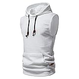 Men's Workout Hooded Tank Tops Sleeveless Gym Hoodies Bodybuilding Muscle Solid T-Shirts with Pockets(White,Large)