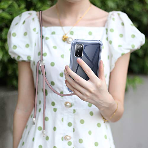 AROYI Funda con Cuerda Compatible con Samsung Galaxy S20 FE 4G/5G y Protector Pantalla, Carcasa Transparente TPU Silicona Case con Colgante Ajustable Cordón (Oro Rosa)