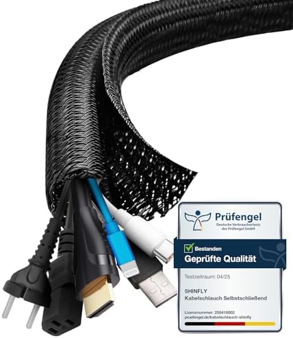shinfly 13mm-3m Kabelschlauch Selbstschließend Schwarz, Kabelmanagement, Flexibler Kabelkanal für TV und Computer, Versteckten Kabelschutz und Kabelverwaltung