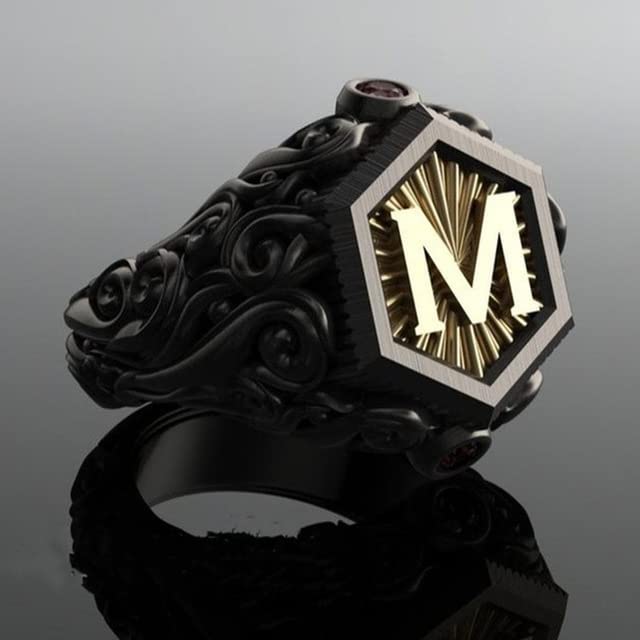 CTEKU CTEKU Clásico Vintage Anillo de los Hombres de Oro Grabado M Sello de Letra Steampunk Anillo de Regalo de cumpleaños de los Hombres joyería gótica-12, Negro