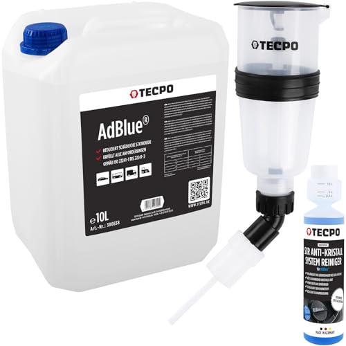 TECPO AdBlue Kit de 10 litres d'urée prêt à l'emploi avec bec verseur, concentré anti-cristal AdBlue 250 ml d'additif SCR et entonnoir de remplissage spécialement conçu pour l'urée pour un remplissage