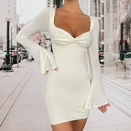 Elainone White Long Sleeve Bodycon Mini Dresses For Women Bell Sleeve Sexy Square Neck Ruched Y2K Lowcut Cocktail Club Party Mini Short Dress Homecoming Dresses Going Out Dresses For Women #TOP5