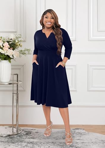 Image of Runwind Women's Plus Size Midi Dress 3 /4 Sleeve Fit and Flare Cocktail Dresses Casual V-Neck Dress with Pockets