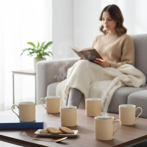 Image of Clay Craft Premium Fine Ceramic Coffee & Tea Mug Set with Elegant Gold Line Rim| Modern Ribbed Ivory Finish| Durable Build| Stylish Design for Home| Office & Gifting (240 Ml)