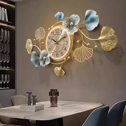 Large Metal Wall Clock with Light For Livingroom, Adjustable Ginkgo Leaf Design Wall Clocks For Home Decorations, Silent Non Ticking Decor Wall Clocks For Bedroom Livingroom Kitchen Bathroom (47in) Cover