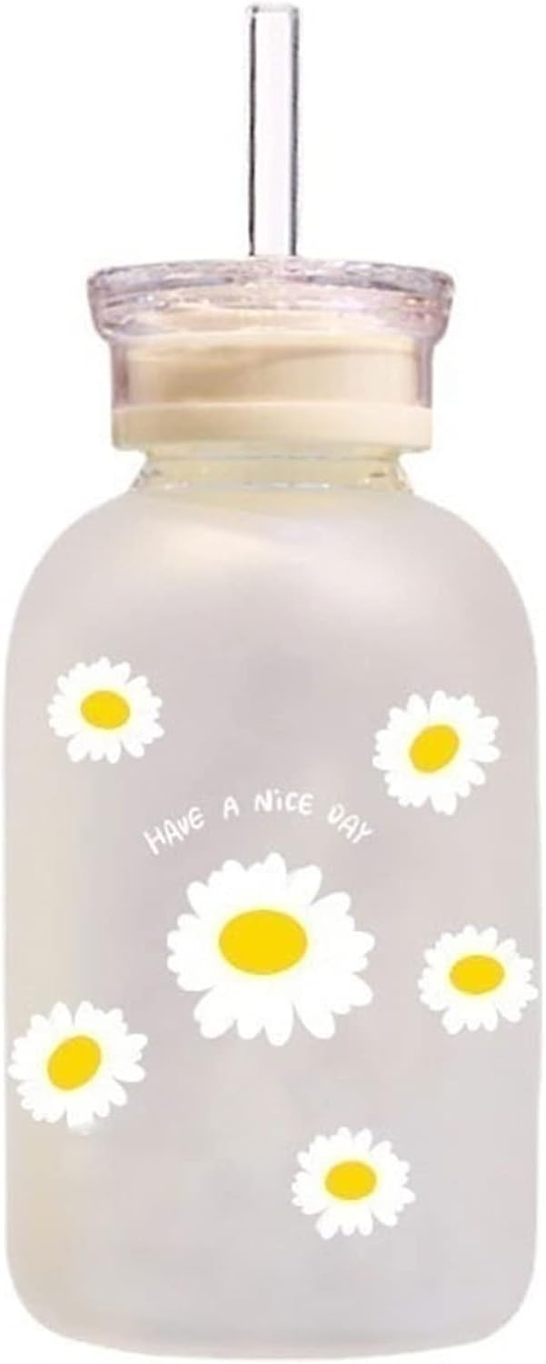 INLIMA Drinking Glasses Carafe with Straw Creative Daisy Frosted Clear Cup Leak Proof Portable Drinking Bottle with Seal Cap (Size : 480ML, Color : Frosted B)
