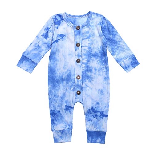 Shejingb Baby Girl Boy Ribbed Romper Jumpsuit Knit Buttons Tie-Dye One-Piece Bodysuit Coverall Long Sleeve Pajamas Fall Outfits (A-Blue, 0-6 Months)