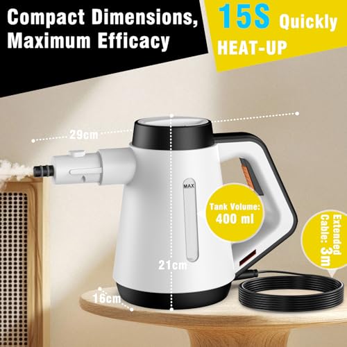 Fippesax Handheld Steam Cleaner, 400ml Pressurized Multi-Purpose Steam Cleaner with 9pcs Accessories,Chemical Free Steam Cleaners for Home Use,Cleaning Floor,Tile,Windows,Couch,Grout (White) - Image 2