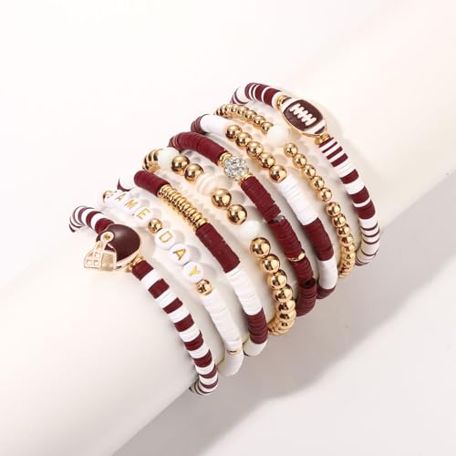 Game Day Bracelets for Women Football Bracelets Red Black Blue Heishi Clay Beaded Stretch Bracelets Stackable Sports Football Charm Bracelet Bangles Football Mom Accessories Outfits Jewelry Gifts (Burgundy White 1) by NVENF - Used condition - Image 4