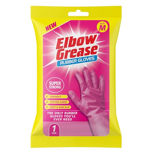 Elbow Grease Pink Rubber Gloves | Super Strong Cotton Lined Non-Slip Household Gloves (Medium - 1 Pack)