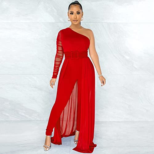 Women's Sexy One Shoulder Dressy Jumpsuits Mesh Patchwork Belted Bodycon Pants Rompers Overlay Party Club Red Xxl #TOP1