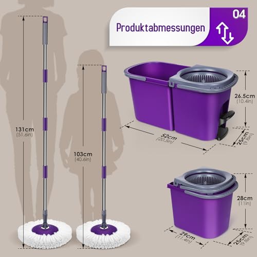 Eukue Wischmopp Set mit Eimer, Bodenwischer mit 6 Mikrofaser Moppkopf, Wischer Set mit 360°Drehkopf und Abnehmbarer Eimer, Wischmop mit Auswringfunktion für Alle Böden