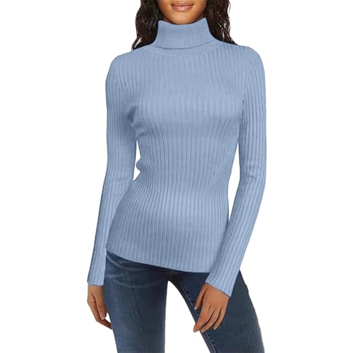 Image of Polo Neck Jumpers for Women Trendy Slim Fit Ribbed Knitted Jumpers Turtleneck Pullover Sweaters Winter Warm Undershirt High Neck Knitwear Base Layer,Light Blue,M