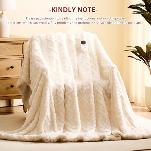 JKMAX Heated Electric Blanket Queen Size-84"x90" Heating Blanket with 10 Heating Levels & 5 Time Settings Over-Heat Protection,Winter Warmer for Adults with ETL Certification(Cream)