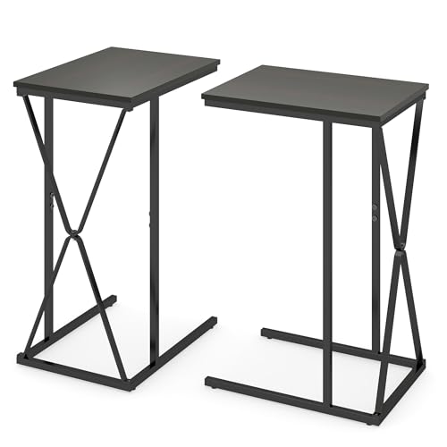 Manora Beistelltisch Schmal 2er-Set,Couchtisch holz,Wohnzimmertisch laptop tisch für sofa,kleiner tisch für Wohnzimmer Schlafzimmer,Kaffeetisch Hoch C-Form Schwarz Metall,Industrial Style (2, Schwarz)