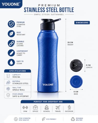 Image of YOUONE Stainless Steel 1000 ML Water Bottle (Charcoal Blue)