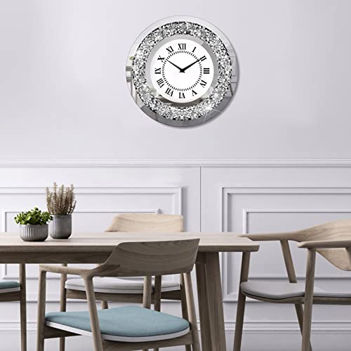 Hoibai Clocks For Living Room Decor Modern Silver Crystal Diamond Clock Large Mirror Deorative Wall Clock For Living Room, Bedroom, Kitchen, Dinning Room, Wall Decoration, Home Decor (Round,13 Inch) #TOP4