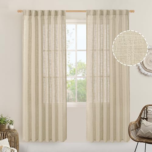 LAMIT Light Filtering Linen Curtains 80 inches Long for Bedroom, Faux Linen Textured Semi Sheer Back Tab and Rod Pocket Burlap Boho Modern Drapes for Living Room/Farmhouse, 2 Panels, 52 x 80 Inch