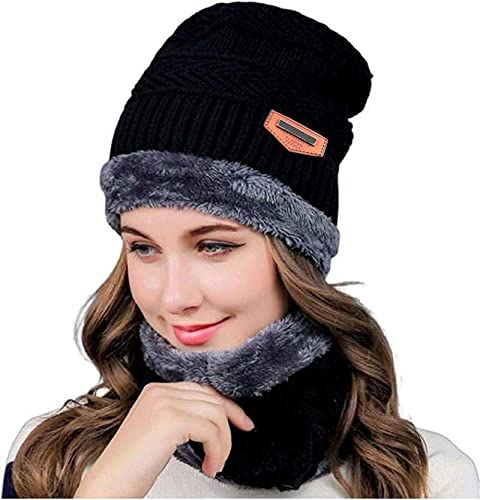 Knitted Beanie Hat and Scarf Set, Warm and Soft, Black Winter Wear Cap Free Size-image-18